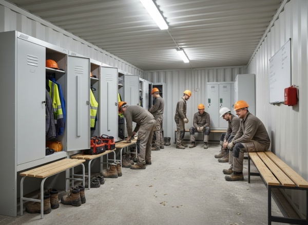 скамьи из дерева в раздевалке на стройке